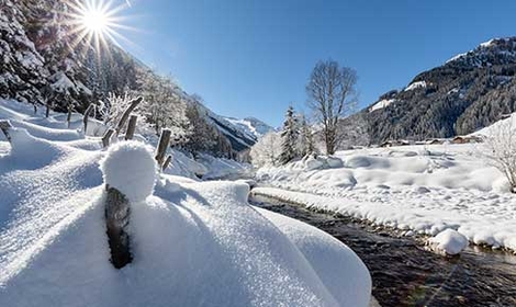 Blick auf verschneite Landschaft im Winter im Zillertal